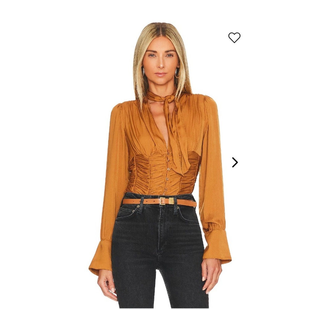 Free People Layering Top Bronze Rust Brown Ruched Tie Neck Blouse L
